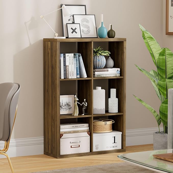 6 Cube Storage Organizer, 2x3 Cube Bookshelf, Cubby Storage Shelf, Wooden Organizer Shelf with Thickened Boards, for Closet Bedroom Home Office Living Room, 36.93" L x 9.37" W x 25.12" H, Brown