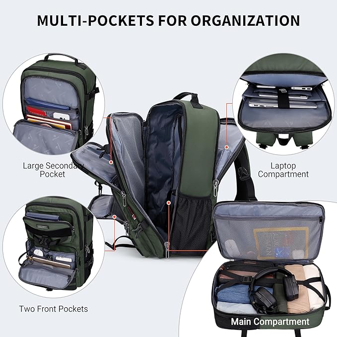 WITZMAN Carry On Travel Backpack for Men Large Convertible 45L Fit 17 Inch Laptop Backpack 3 in 1 Bag for Airline Approved(B688 Army Green)