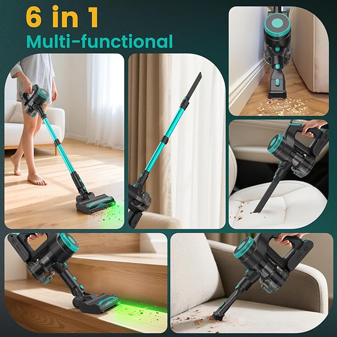 Zefiro Cordless Vacuum Cleaner,45Mins Runtime Stick Vacuum, Anti-Tangle and 1.5L Dust Cup, Lightweight Vacuum for Hardwood Floor Carpet Pet Hair (grenn&Black)