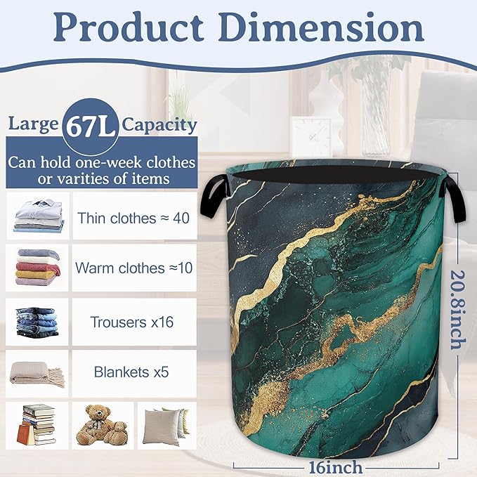 Marble Laundry Basket,Foldable Oxford Cloth Green Gold Flowing Marble Laundry Hamper With Handle, 20.8"x16" Portable Clothes Storage Basket Bag for Laundry Room/Bathroom/Bedroom/Dormitories
