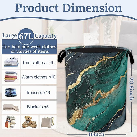 Marble Laundry Basket,Foldable Oxford Cloth Green Gold Flowing Marble Laundry Hamper With Handle, 20.8"x16" Portable Clothes Storage Basket Bag for Laundry Room/Bathroom/Bedroom/Dormitories
