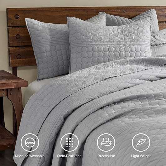 HORIMOTE HOME Grey Twin Size Quilt Set - Soft Microfiber Bedspread with 1 Sham, Lightweight & All-Season Geometric Coverlet for Cozy Bedding