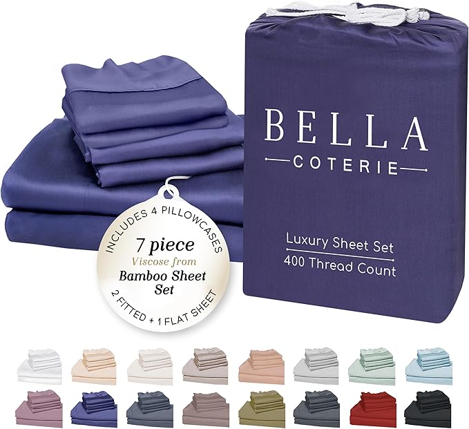 Bella Coterie 7 Piece Luxury Bamboo Viscose Split King Size Sheet Set | 2 Fitted Sheets for Adjustable Beds | 100% Organically Grown | Cooling for Hot Sleepers | 4 Pillowcases [Twilight Blue]