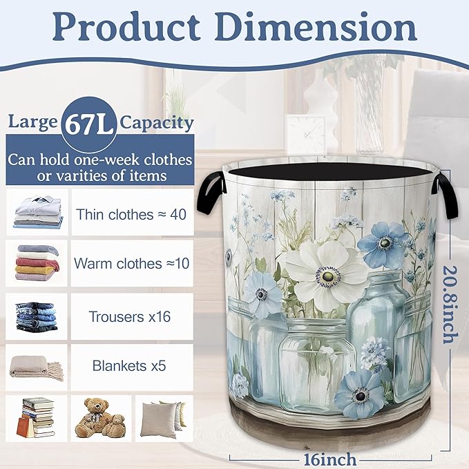 Flowers Laundry Basket,Foldable Oxford Cloth Vintage Wooden Board Laundry Hamper with Handles, 20.8"x16" Tote Bag Clothes Storage Bucket for Laundry Room/Bathroom/Bedroom/Dormitories