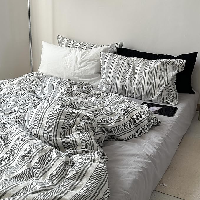 VM VOUGEMARKET Black Grey Striped Duvet Cover Set Queen Size - 3 Pieces Washed Cotton Bedding Set,Preppy Style Quilt Comforter Cover for College Dorm,90"x90"