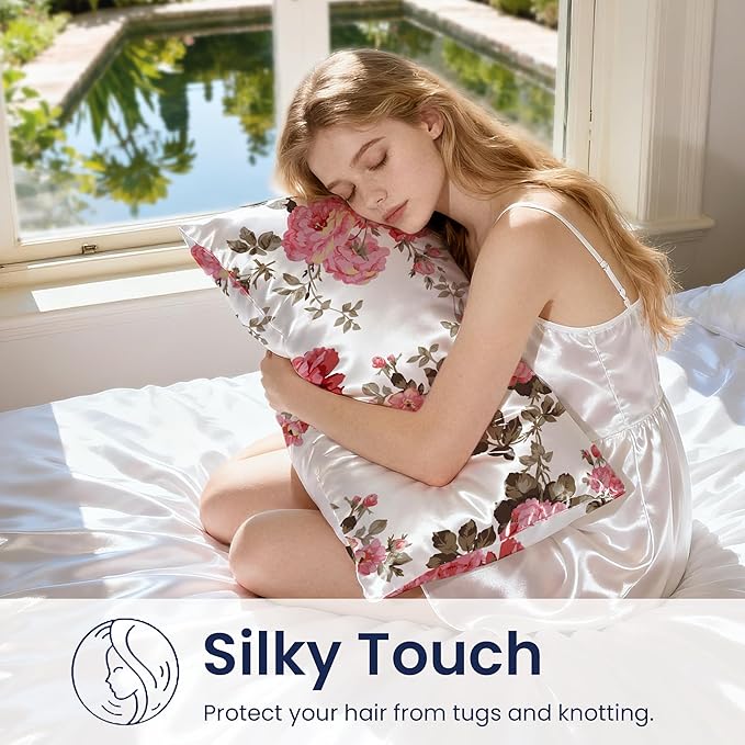 EXQ Home Satin Pillowcase for Hair and Skin Queen - Printed Spring Flowers Silk Pillow Cases 2 Pack 20x30 inches - Satin Pillow Cases Set of 2 with Envelope Closure, Gifts for Women Men
