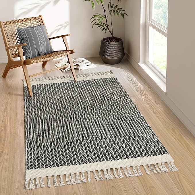 Lahome Boho Living Room 3x5 Washable Rugs for Entryway Lightweight Woven Grey Mat with Tassels, Farmhouse Bathroom Rug Non Shedding Area Carpet for Bedroom Office Camper RV Decor