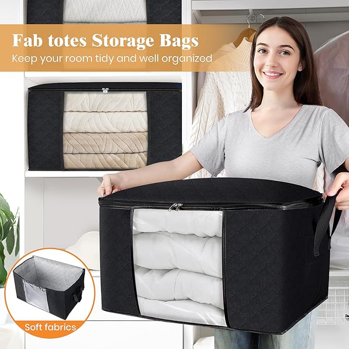 Fab totes Storage Bags,Clothes Blanket Storage Bins Foldable Closet Organizers with Reinforced Handle for Home Dorm Storage and Organization,Fabric Bags for Organizing Sheets,Clothing (Black,6 Pack)