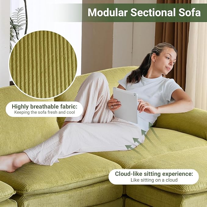 VINGLI 121" L Shape Sectional Couch, Convertible Sectional Couch for Living Room & Apartment,Modern 3-Seat Convertible Modular Sofa with 1 Ottoman，Corduroy,Olive Green
