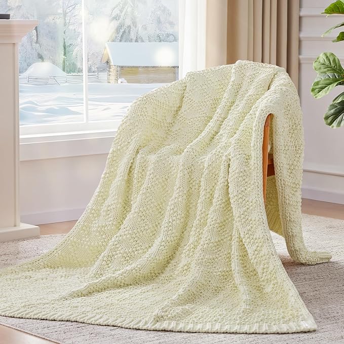 Knitted Weighted Blanket for Adult, Chunky Knit Weighted Throw for Sleep 60"*80" 15lbs, Cooling Breathable Machine Washable Heavy Blanket for Room Decor (Cream White, Queen)