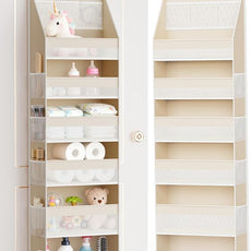 Criusia Over the Door Organizer, 6-Shelf Closet Hanging Storage with 13 Mesh Pockets, 55lbs Capacity Behind the Door Storage for Baby Nursery, Bathroom, Bedroom, and Dorm, Beige