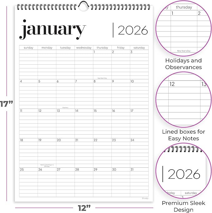 Wall Calendar 2026, 12 Months, 17" x 12" Large Wall Calendar with Hanger, Thick Paper and Spiral Binding. Minimalist Design, Business Style.