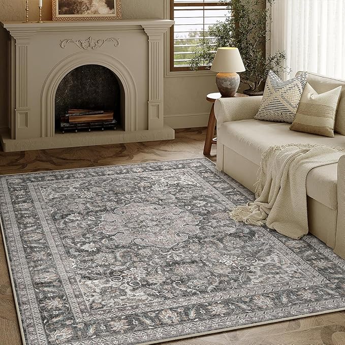 3x5 Washable Vintage Area Rug Black Grey Entryway Office Carpet Non-Slip Soft Low Pile Distressed Throw Rug for Entrance Living Room Bathroom Dining Room