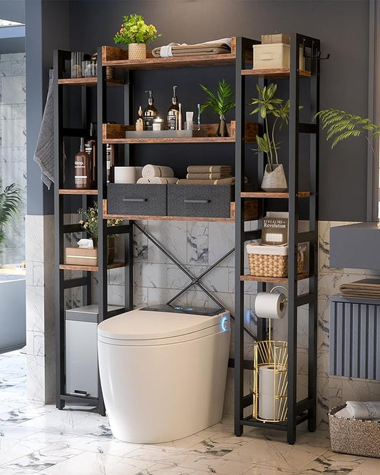 Over The Toilet Storage with 2 Drawers - 11 Tier Bathroom Organizer Freestanding Space Saver Storage Rack with Adjustable Shelf Above Toilet Stand with 4 Hooks for Restroom, Laundry, Rustic Brown