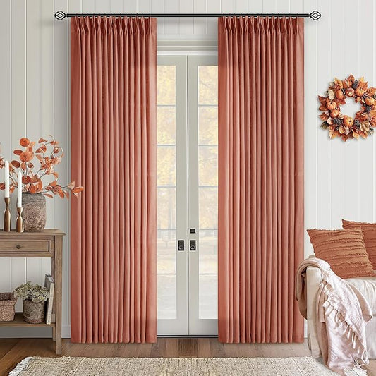 Pinch Pleated Terracotta Linen Curtains 84 Inches Long 2 Panels Set for Living Room Dining Pinch Pleat Back Tab Light Filtering Farmhouse Boho Retro Window Curtain Drapes Red Clay Autumn Fall Decor