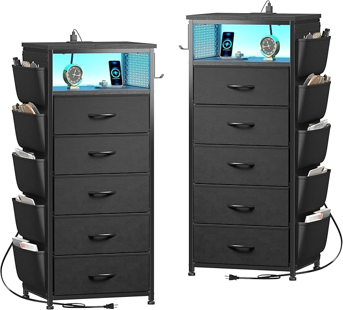 EnHomee Tall Night Stand Set 2 with 5 Drawers, LED Nightstand with Ports & Outlets, Bedside Table with Extra Side Bag & Storage Shelf & Hooks, Bedroom, Dorm, Closet