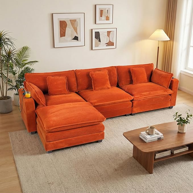 Gexpusm Modular Sectional Sofa,99" Couches for Living Room,Corduroy Sofa with Ottoman & Pillow,Cloud Sectional Couch with Cup Holders & USB,Side Pockets,3-Seat Corduroy Boneless Chair Indoor (Orange)