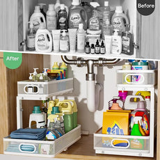 Under Sink Organizer, High Adjustable 2 Tier Under Sink Organizers and Storage, Slide Out Metal Cabinet Organizers, Pull Out Sink Storage Drawer Shelf for Kitchen Bathroom Cabinet, White, 1 Pack
