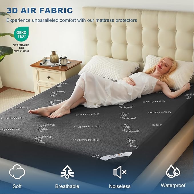 BEDLORE Twin Size Waterproof Mattress Protector Viscose Derived from Bamboo, Soft Mattress Cover Fitted with Deep Pocket 6"-15", Breathable Noiseless Mattress Pad, Machine Washable(Gray)