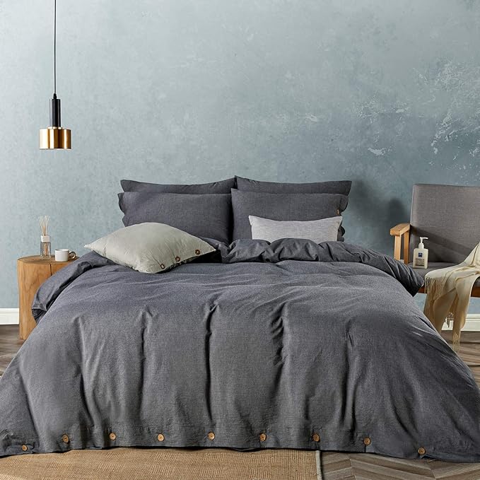 JELLYMONI Cotton Duvet Cover King Size - Black Comforter Cover with Button 100% Washed Cotton 3PCS Breathable Soft Solid Bedding Set Duvet Cover 104×90in & 2 Pillowcases (NO Comforter)