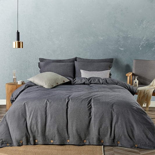JELLYMONI Cotton Duvet Cover King Size - Black Comforter Cover with Button 100% Washed Cotton 3PCS Breathable Soft Solid Bedding Set Duvet Cover 104×90in & 2 Pillowcases (NO Comforter)