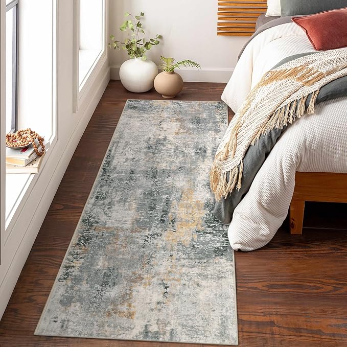 Lahome Modern Abstract Runner Rug - 2x8 Grey Hallway Long Bathroom Rugs with Rubber Backing, Kitchen Carpet Non Skid Indoor Floor Runners for Entryway Laundry Living Bedroom 2' x 8'