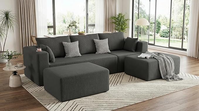 Furnimart 112" U Shaped Modular Sectional Sofa with 2 Ottomans, Boneless Cloud Couch with Chaise for Living Room, Modern Deep Seat Lounge Sleeper Couch Bed, No Assembly, Corduroy Dark Grey