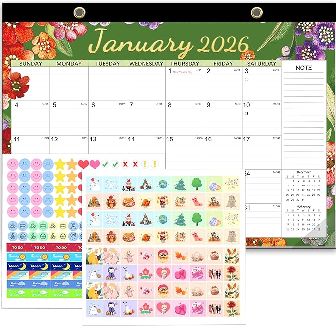 Desk Calendar 2026, Anti-Ink Bleed, Plastic Cover, Ample Space, Through July 2027 with Stickers, 17" x 12" Large Seasonal Wall Calendar 2026 for Home, Office, Student & Teacher Supplies- Flower