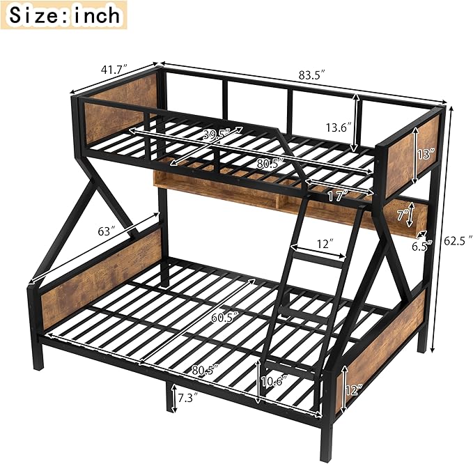 Twin XL over Queen Bunk Bed with Shelves, Metal Bunk Beds with Ladders and Lights, Heavy-duty Bunkbed for Bedrooms, Guest Rooms and Dorms, No Box Spring Needed and Noise-free Design, Woodgrain