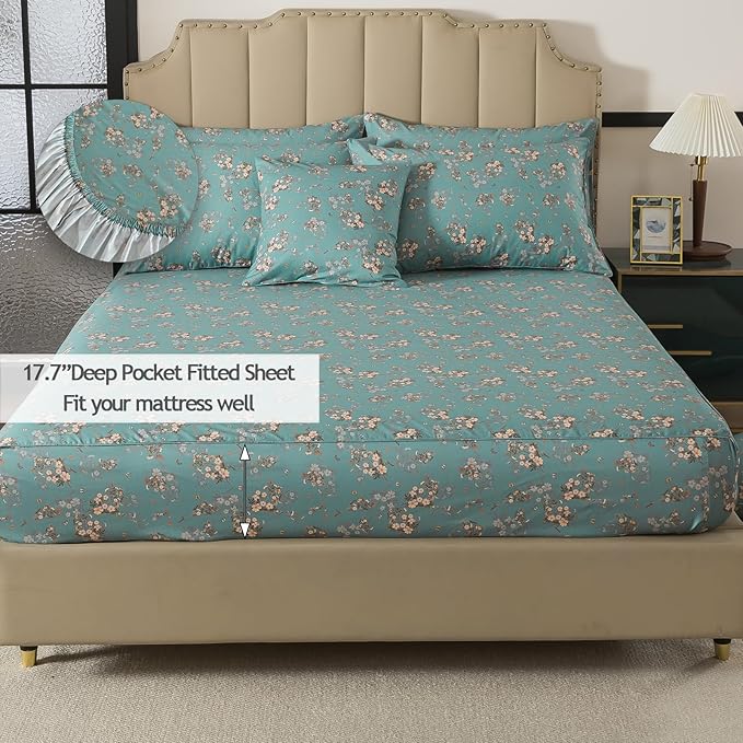FADFAY 100% Percale Cotton Sheets Set - Vintage Floral & Butterfly Print Bedding - Crisp, Breathable Teal Aqua 4 Piece Sheet Set with Deep Pocket, Queen Size