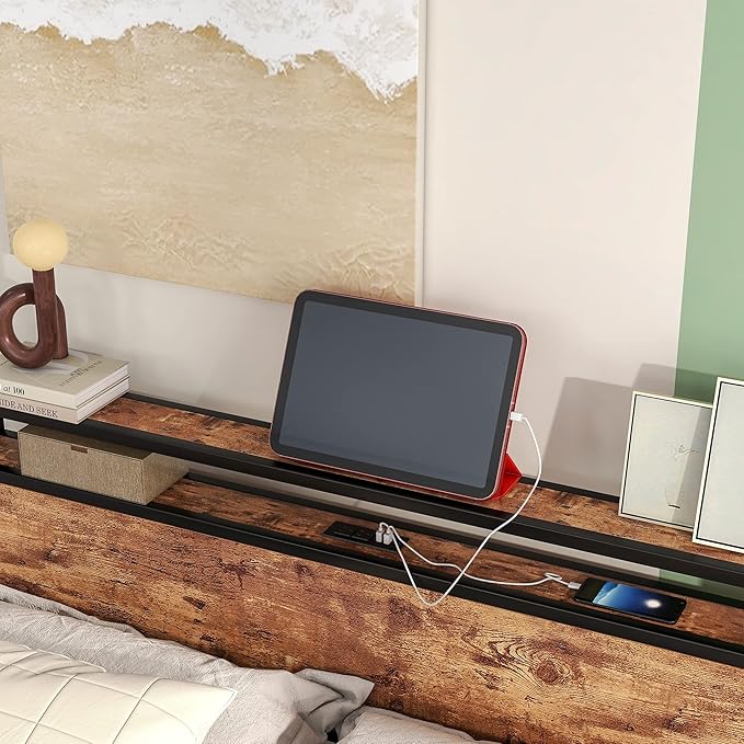 HOJINLINERO Queen Bed Frame with Storage Headboard/Charging Station,Metal Queen Size Bed Frame with Power Outlets/USB Ports No Box Spring Needed,Under Bed Storage,Easy Assembly,Rustic Brown