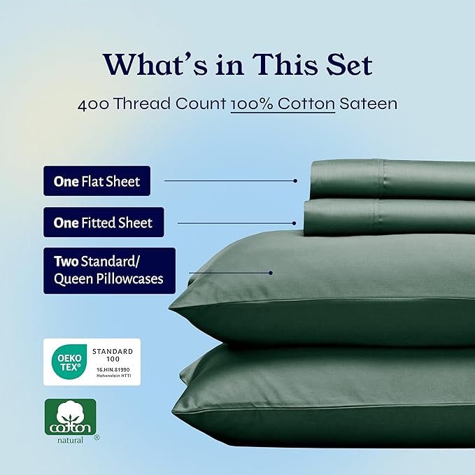 California Design Den Natural 100% Cotton Sheets, Soft Queen Sheet Set, 400 Thread Count Sateen, Deep Pockets with All-Around Elastic for a Snug Fit, Durable Bedding Set - Hunter Green CaliforniaDesignDen