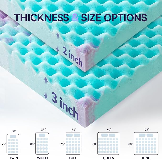 SINWEEK 2 Inch Egg Crate Memory Foam Mattress Topper Queen Size, Soft Mattress Pad for Back Pain Relief, Bed Topper, CertiPUR-US Certified, Colorful
