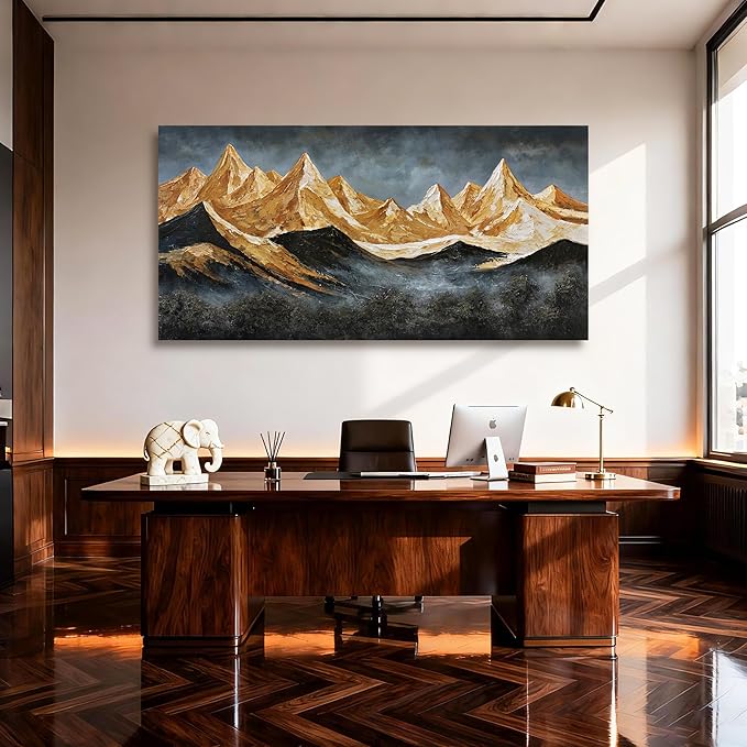 YETHEN WAL Gold Mountain Landscape Wall Art, Textured Mountain Canvas Print in Grey & Gold, Modern Horizontal Artwork, Gallery Wrapped, 20×40 in