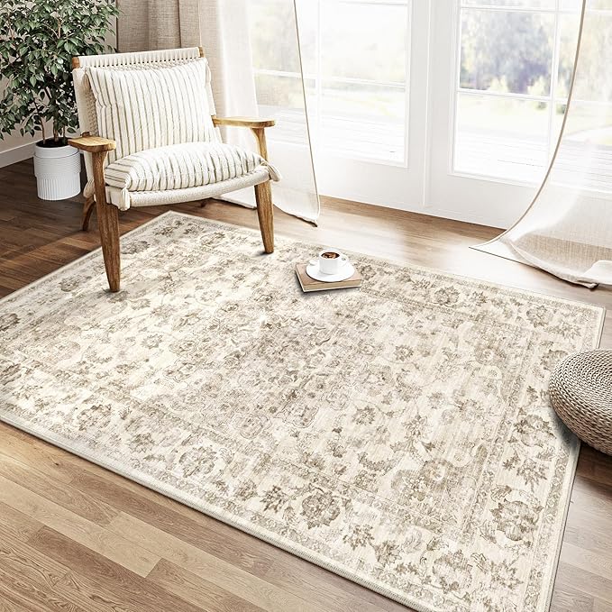 4x6 Washable Neutral Area Rug Beige Vintage Entryway Office Carpet Non-Slip Soft Low Pile Floral Indoor Throw Rug for Living Room Bathroom Dining Room