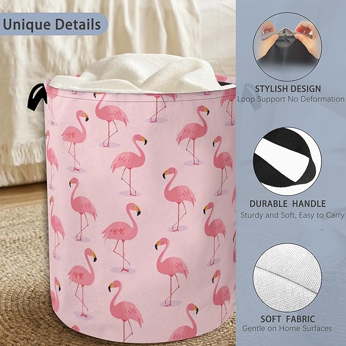 Pink Flamingo Laundry Hamper,Tropical Dirty Clothes Laundry Basket with Handles Waterproof Oxford Cloth Storage Basket for College Dorms Bathroom Bedroom 16" x 20.8"