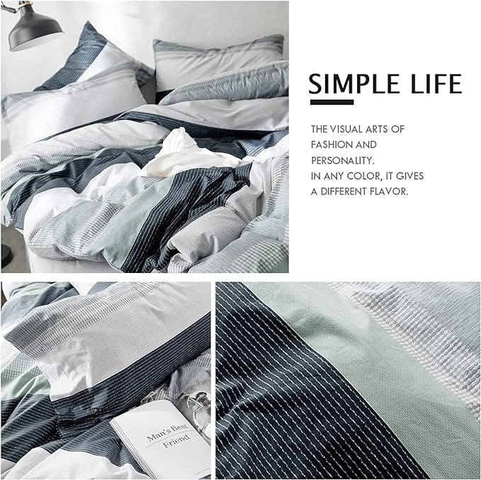VM VOUGEMARKET Striped Duvet Cover Full,3 Pieces Blue Gray Duvet Cover Sets-100% Cotton Modern Simple Comforter Cover with Zipper for Teens Boys Men-80x90 Inch