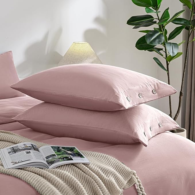JELLYMONI Pillowcases King Set of 2 Cotton Button Pillow Covers 20×36in Pink Bed Pillow Cases 100% Washed Cotton Soft Breathable (Pillows are not Included)
