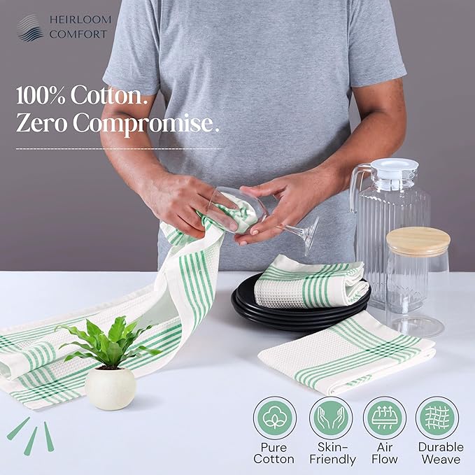 Dark Green Waffle Weave Kitchen Towels 3 Pack, 100% Cotton, 16x26 Inch, Ultra Absorbent, Quick Dry Dishcloths, Durable & Reusable Dish Towels for Home and Kitchen, Machine Washable