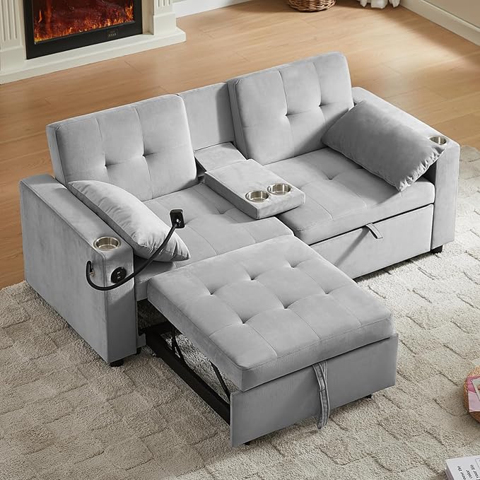 66" Multi-Functional Pull-Out Sofa Bed with Hidden Side Table, Storage Armrests, Built-in Charging Port, Spring Mattress, Solid Wood Frame – Ideal for Small Spaces, Easy Assembly