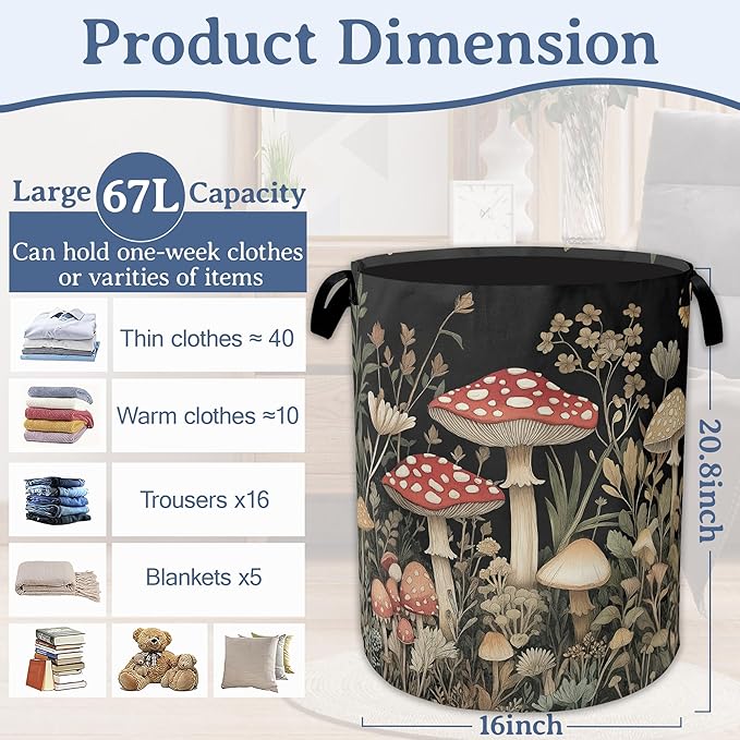 Red Mushrooms Laundry Basket,Foldable Waterproof Oxford Cloth Tote Bag Wildflower Plant Berries Laundry Hamper with Handles,20.8"x16" Clothes Storage Bucket Organizer for Laundry Room Bathroom Bedroom