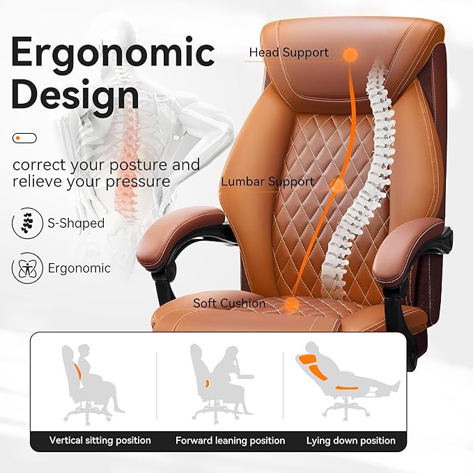 Office Chair, Executive Leather Chair Adjustable High Back, Ergonomic Computer Desk Chair Lumbar Support, Big and Tall Office Chair with Footrest, Comfy Reclining Chair for Home Office
