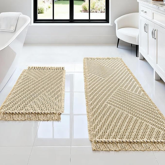 H.VERSAILTEX Waffle Bath Mat Super Absorbent Boho Bath Mat Non Slip Bath Rugs for Bathroom Floor Machine Washable Dry Fast Bathroom Rugs with Tassels (47 x 17 Plus 17 x 24 Inches, Sand)