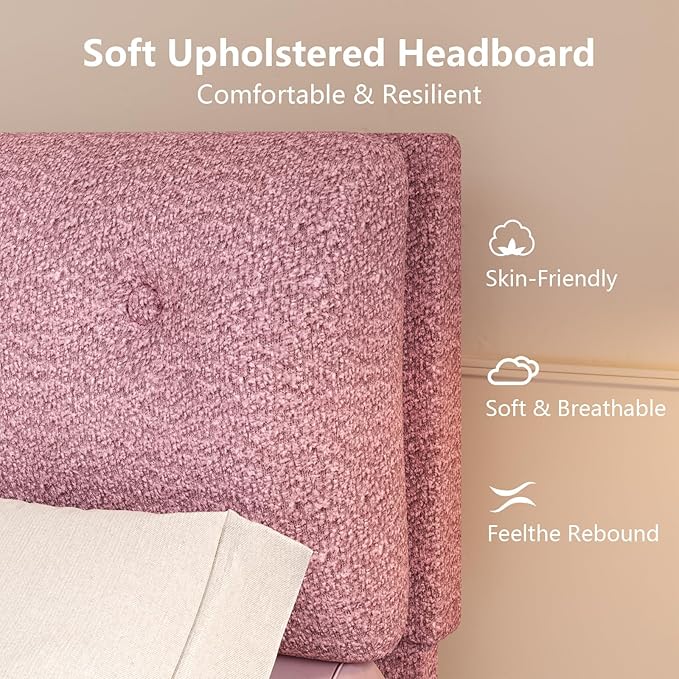 Boucle Upholstered Bed Frame King Size, Low Platform Bed King, Modern Soft Style, Adjustable Headboard, No Box Spring Needed, Easy Assembly, Pink