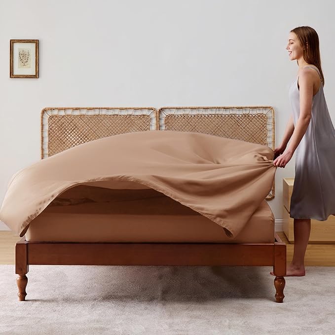 Bedsure Full Size Bed Sheets, Cooling Sheets, Rayon Derived from Bamboo, Breathable & Soft, Deep Pocket Up to 16 Inches, Hotel Luxury Silky Bedding for Hot Sleepers, Khaki