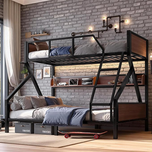 Bellemave Twin XL Over Queen Bunk Bed with Shelves, Metal Bunk Beds with Ladders and Lights, Heavy-Duty Bunkbed for Bedrooms, Guest Rooms and Dorms, No Box Spring Needed and Noise-Free Design, Black