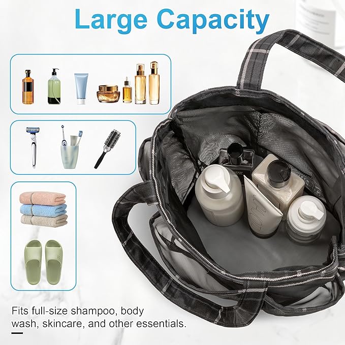 Mesh Shower Caddy Portable, Bathroom Caddy Organizer for College Dorm Essentials, Hanging Shower Tote Bag with 7 Pockets for Beach, Swimming, Gym camping Grey Black Checkered