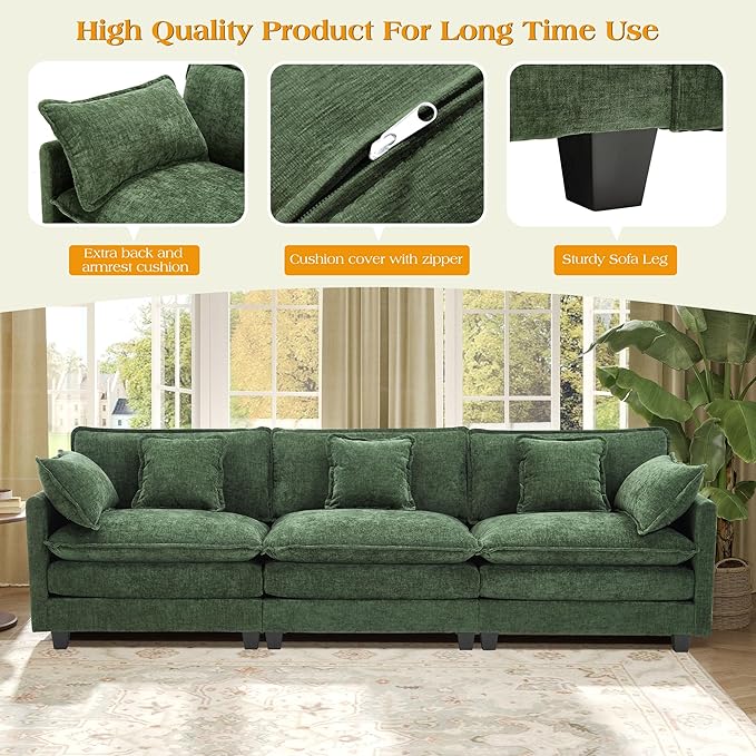 113.4" Modular Sectional Sofa,Cloud Couch for Living Room, Modern Deep Seat Sofa 3 Seater Chenille Fabric Comfy Couches with Throw Pillows for Apartment