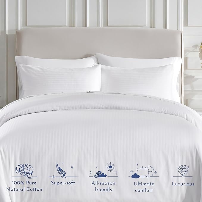 California Design Den Striped White Duvet Cover King Size Only - Premium 400 Thread Count, 100% Cotton Sateen, Button Closure & Corner Ties - White