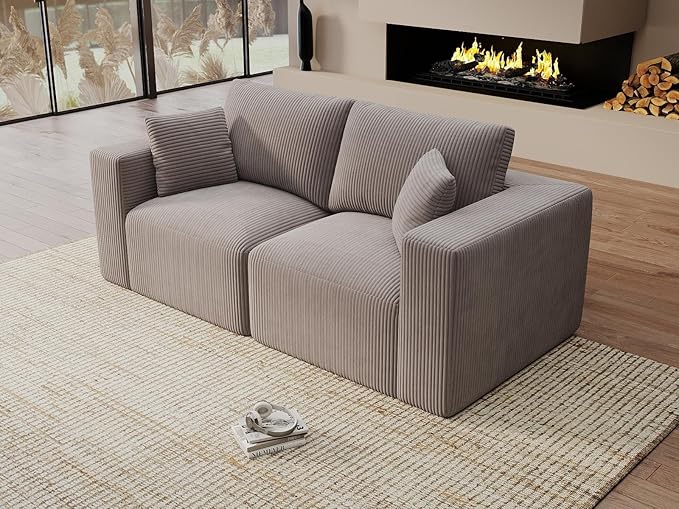 Modular Loveseat Couch Cloud Couches for Living Room - 79" Boneless Sofa - No Assembly Required, Cozy Corduroy Convertible Full Sponge Compression Sofas for House, Apartment(Grey)